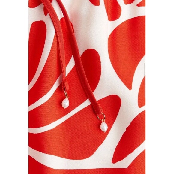 HM Red White Floral Pattern Loose Fit Short Sleeve Twill Top Drawstring Shorts L - Picture 9 of 11